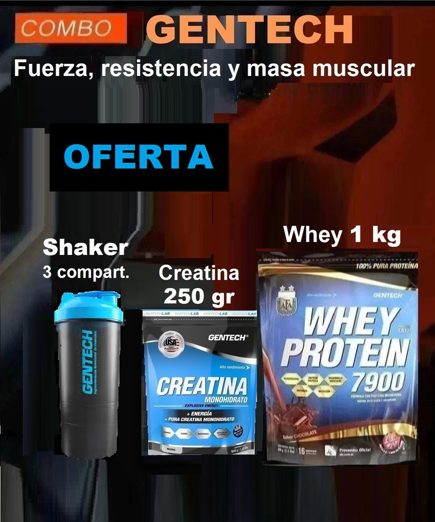 Combo GENTECH - Whey 1 kg + Creatina 250 gr + Shaker 3 compart.