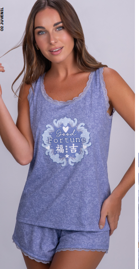 VER. PIJAMA MUSCULOSA Y SHORT ESTAMPADO CON PUNTILLA "FORTUNE"