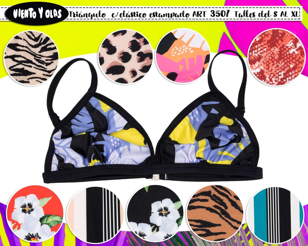 BLACK! -15% OFF !! - MALLA DAMA CORPIÑO TRIÁNGULO CON ELÁSTICO ANCHO ESTAMPADO.