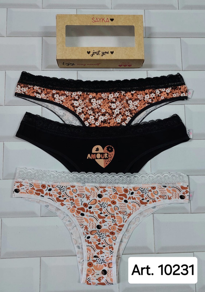 PACK X3 VEDETINA DE ALGODÓN Y LYCRA ESTAMPADA CON PUNTILLA