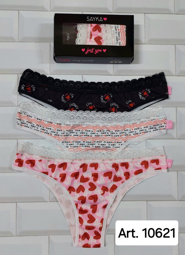 PACK X3 VEDETINA DE MICROFIBRA ESTAMPADA CON PUNTILLA