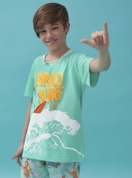 [MKP4074] VER. PIJAMA CONJUNTO  INFANTIL DE REMERA MANGA CORTA EN JERSEY CON ESTAMPA COMBINADA CON SHORT DE SPUM ESTAMPADO "DINO SURF".