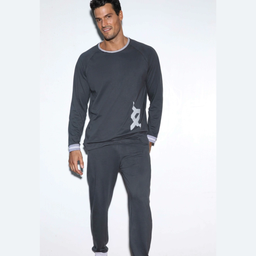 [XY8070] INV. PIJAMA DE HOMBRE MANGA LARGA DE ALGODÓN LISO CON TIRAS TEJIDAS