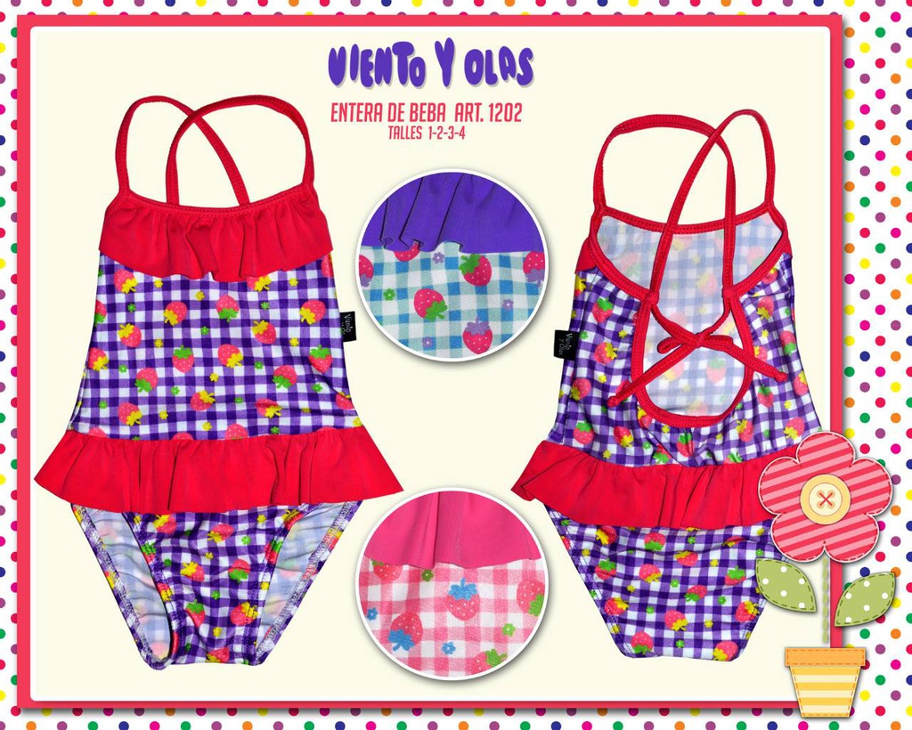 MALLA ENTERA BEBA ESTAMPADA "CUADRILLE Y FRUTILLAS"