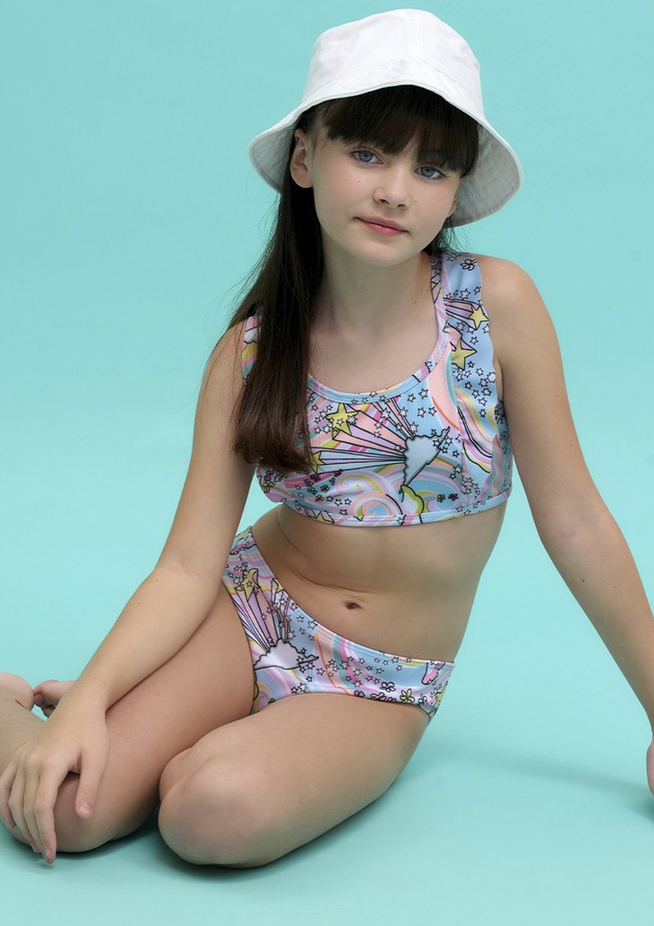 MALLA CONJUNTO NENA DE TRICOT ESTAMPADO TOP CON VOLADOS Y BOMBACHA "AURA"