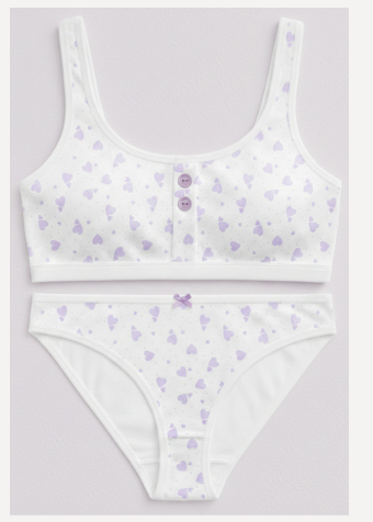 CONJUNTO TEENS ESTAMPADO DE ALGODÓN Y LYCRA CON BRETEL ANCHO Y VEDETINA "CORAZONES"